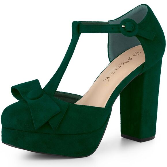 Allegra K Shoes - Mary Janes Platform Pumps Halloween Costumes Green Chunky Heels Dress Shoes